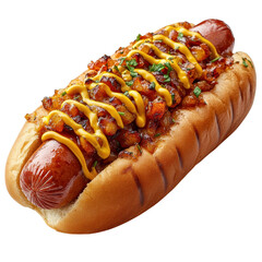 Savoring the flavor potokasd hot dog with mustard drizzle isolated on a plain white background