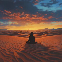 Serene Sunset Meditation: A solitary figure finds peace and tranquility in the vast, golden sands of the desert, silhouetted against a breathtaking sunset. The scene evokes a sense of solitude.