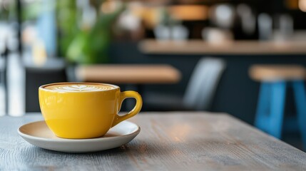 Fototapeta premium A vibrant yellow coffee cup sits elegantly on a wooden table, capturing a cozy cafe atmosphere perfect for relaxation.