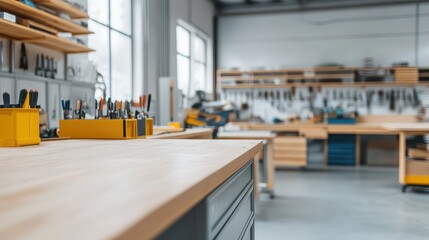 A well-equipped workshop showcasing organized tools and a spacious workbench for various projects and craftsmanship.