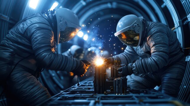 Astronauts conduct repairs in a futuristic spacecraft, surrounded by vibrant sparks and intricate technology.