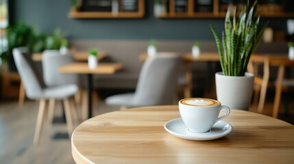Fototapeta premium A cozy cafe setting featuring a cup of coffee on a wooden table with plants, creating a warm and inviting atmosphere.
