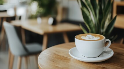 A cozy coffee cup with latte art sits on a wooden table, surrounded by indoor plants in a warm cafe ambiance.