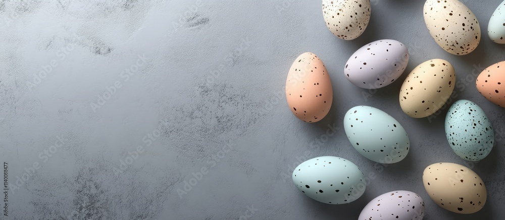 Poster colorful patterned easter eggs on a grey background with space for personalized text in a festive gr