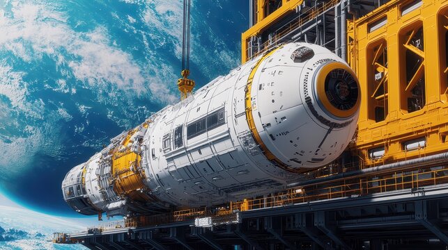 A detailed view of a futuristic spacecraft docked in space, showcasing advanced technology against the backdrop of Earth.