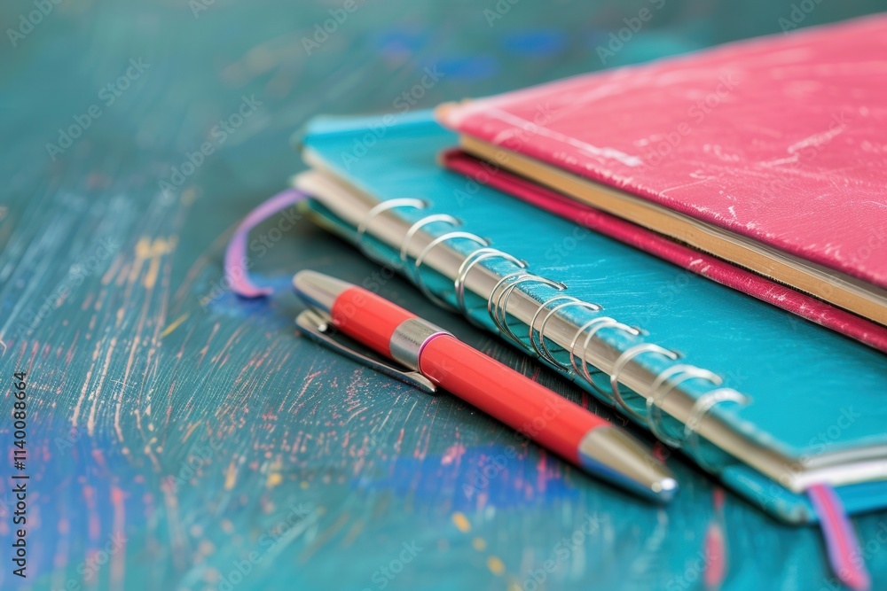 Poster Colorful notebooks and a pen arranged on a rustic wooden table during a creative writing session. Generative AI