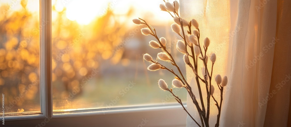 Poster willow branch on windowsill during sunset creating a warm and inviting atmosphere for the easter hol