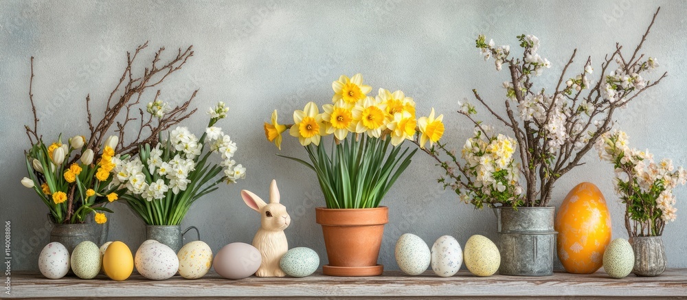 Poster easter holiday setup with daffodils hyacinths decorated eggs and a rabbit figurine creating a festiv