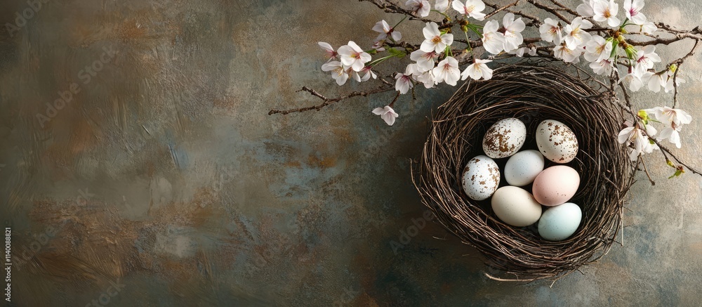 Poster easter card design with cherry blossoms and a nest of pastel eggs on a rustic background showcasing 