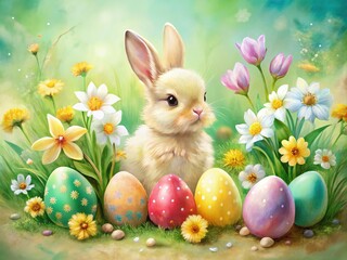 Pastel Easter Watercolor Decoration - Happy Bunny, Eggs & Flowers