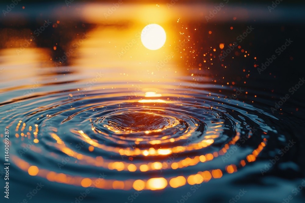 Poster stunning sunset reflecting on water ripples, creating a mesmerizing bokeh effect. perfect for tranqu