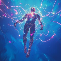 Cybernetic Ascension: A mesmerizing digital art piece depicting a human figure enveloped in vibrant, neon energy streams, floating serenely in a deep blue cosmic expanse.