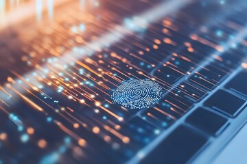 bezpieczeństwo cyfrowe, skaner linii papilarnych, zabezpieczenia laptopa, technologia biometryczna, weryfikacja tożsamości, laptop zbliżenie, cyfrowe zabezpieczenia, bezpieczne logowanie, uwierzytelni
