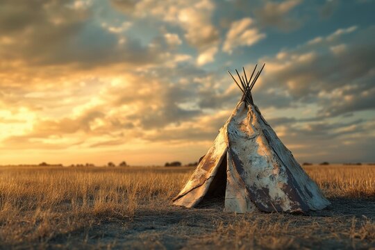 A weathered tipi stands solitary in a golden prairie at sunset, evoking a sense of history and solitude.