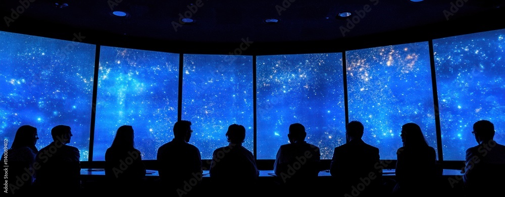 Poster silhouetted figures observing a starry, cosmic display on large screens.