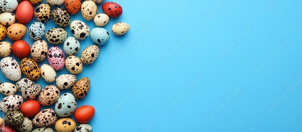 Poster vibrant quail eggs arranged on a blue background with ample space for text creating an ideal easter 
