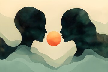 więź emocjonalna, abstrakcyjne twarze, minimalizm, łącząca linia, gradient pastelowy, połączenie emocji, współczucie, delikatne linie, miłość, zrozumienie, portret, minimalna grafika.
