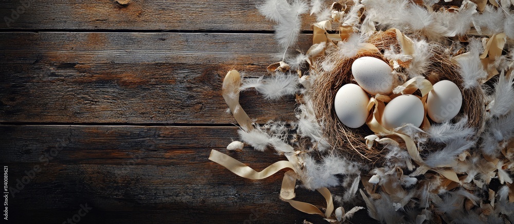 Poster easter nest with white eggs ribbons and feathers on rustic wooden background top view copy space for