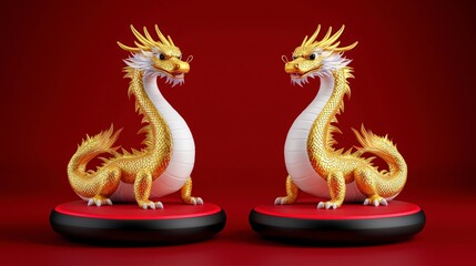 Fototapeta premium Golden Dragons Chinese Mythical Creatures Red Background 3D Render Art Decoration