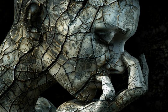 Woman peeling off a cracked mask, unveiling her true self and hidden emotions within