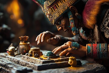 An ancient Mayan king meticulously operates a complex ritualistic device, showcasing intricate craftsmanship and rich cultural heritage.