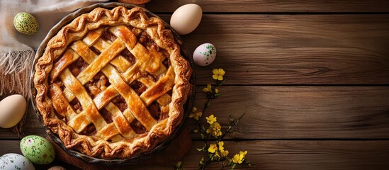 Easter pie beautifully arranged on a rustic wooden table surrounded by decorative eggs and spring flowers ready for the festive celebration