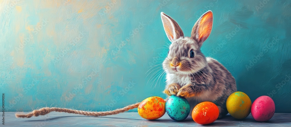 Poster easter bunny with colorful eggs and a playful whip in a vibrant spring setting capturing festive joy