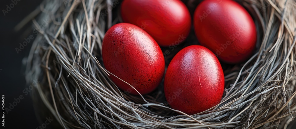 Poster red painted easter eggs nestled in a rustic nest with a selective focus highlighting the vibrant col