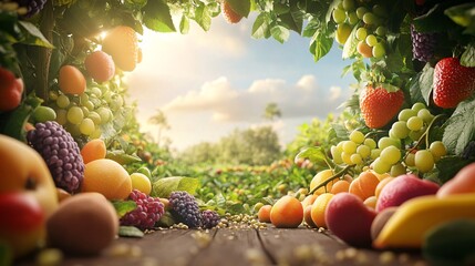 Freshly picked fruits overflowing on a rustic wooden table in a lush orchard