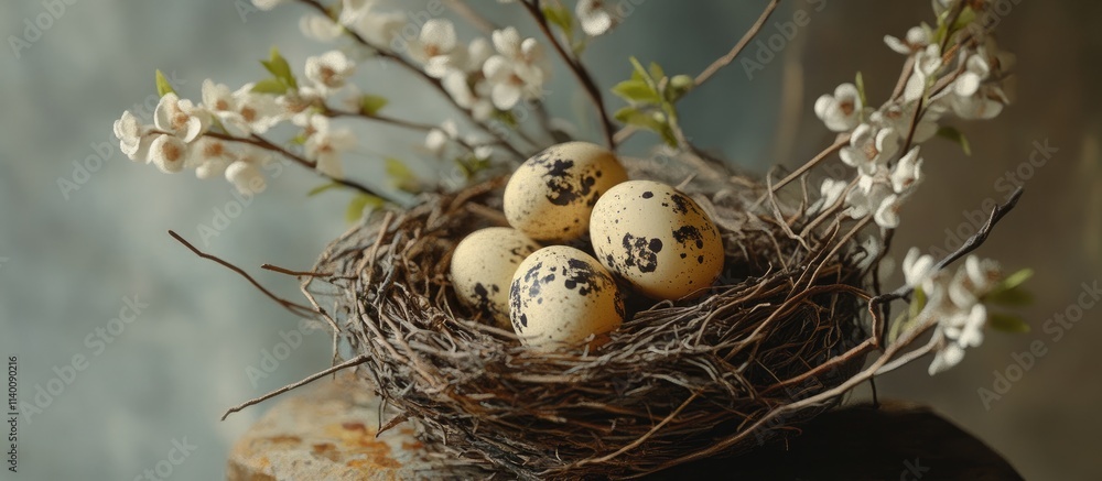 Poster easter still life composition with decorated eggs in a nest surrounded by blossoming branches and so