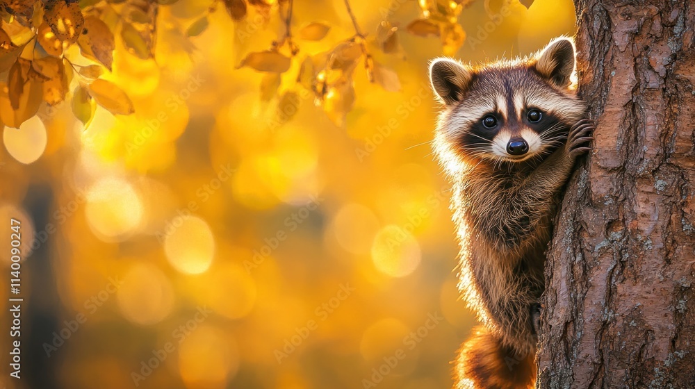 Poster a raccoon perched on a tree trunk amidst autumn foliage, creating a warm, inviting scene.