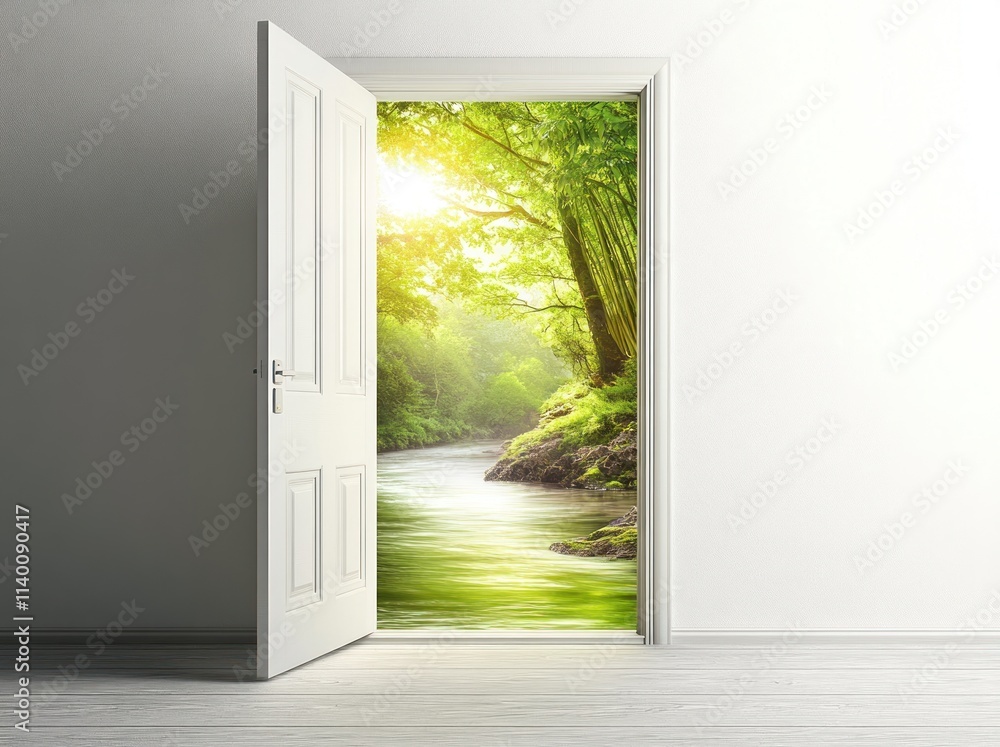 Poster A door opens to a serene forest scene with sunlight filtering through trees by a river.