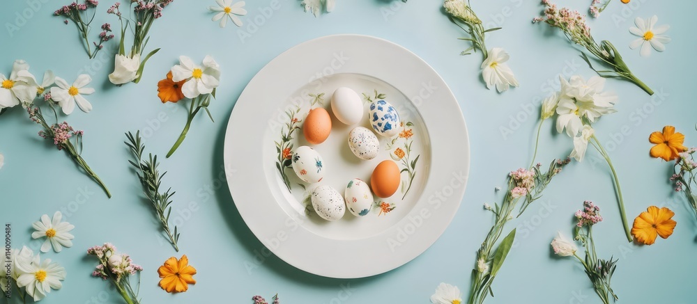 Poster easter table setting with painted eggs and spring flowers in a colorful flat lay arrangement on a li