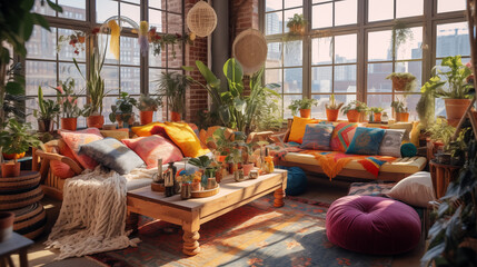 A cozy and vibrant living room filled with colorful bohemian-style sofas and potted plants, bathed in natural light from large windows overlooking the city. 