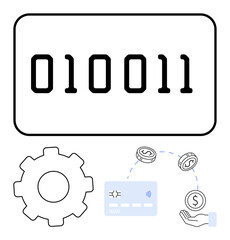 Binary code displayed on a screen, a gear symbolizing settings, a credit card, coins moving toward a hand. Ideal for finance, technology, online payments, coding, digital transactions banking