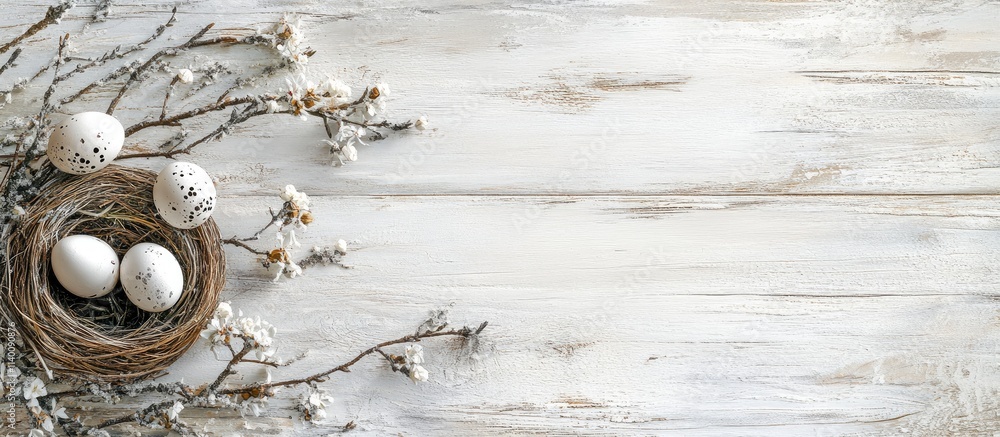 Poster easter wooden backdrop with quail eggs nest and floral branch creating ideal space for spring-themed