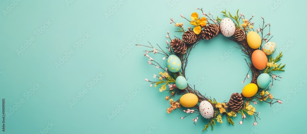 Poster spring easter wreath made from branches cones and colorful eggs on a vibrant blue background with am