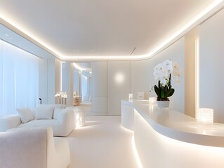 A modern, minimalist interior space with soft lighting and elegant decor.
