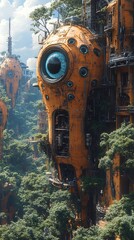 Obraz premium Sci-Fi Floating Megastructures Dominating Lush Forest Landscapes in a Green Future Photo
