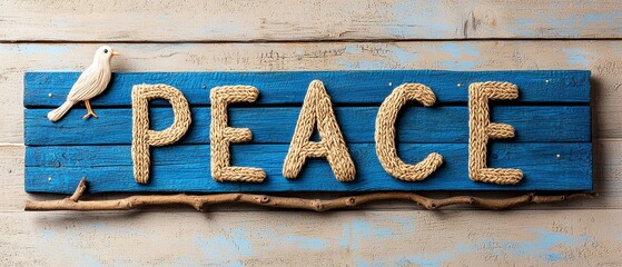 Peace Sign with Dove Rope Letters Wood Background