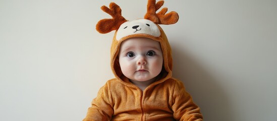 Baby in cute reindeer costume sitting alone on a plain white background, expression of curiosity and innocence captured perfectly.