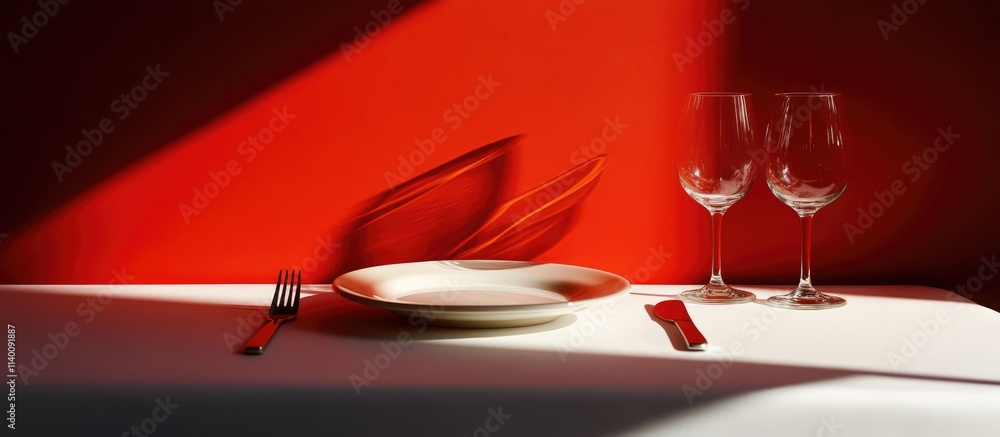 Poster elegant table setting with glassware and cutlery creating intriguing shadows on a white plate agains