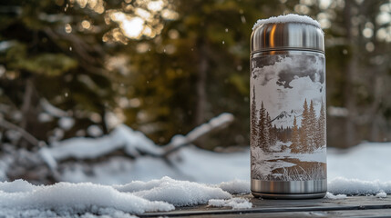 Cozy Winter Thermos in Snowy Forest, AI Generated Image