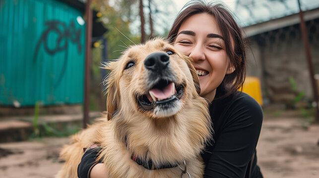 Dog at the shelter. Animal shelter volunteer takes care of dogs