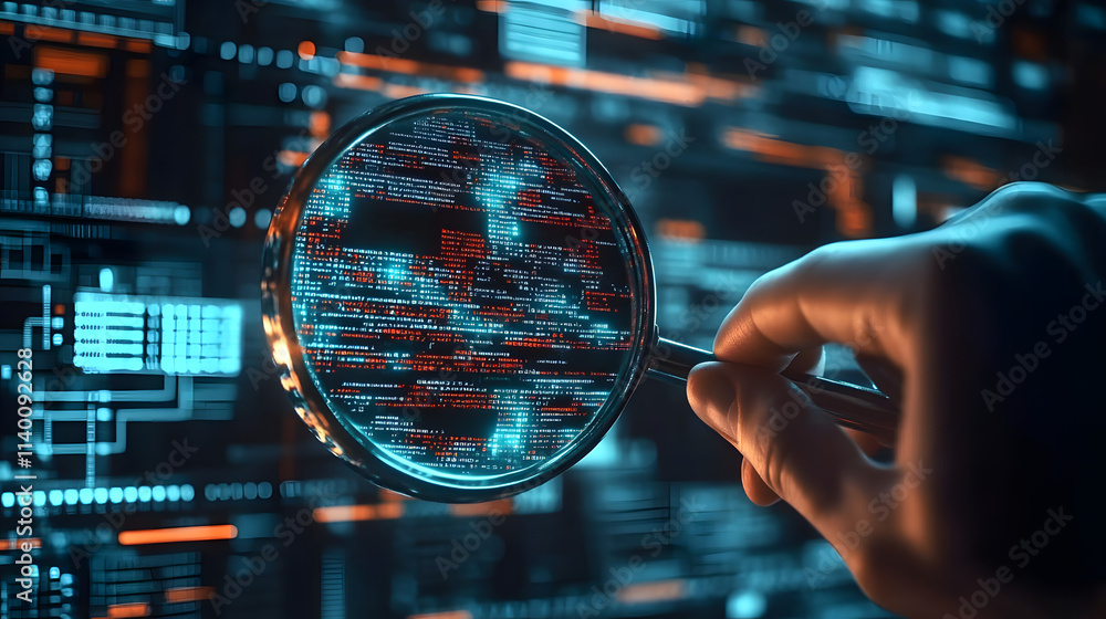Poster male hand holding magnifying glass over digital code interface. data analysis, quality assurance, so