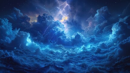 A dramatic seascape depicting turbulent waves and stormy clouds illuminated by lightning.