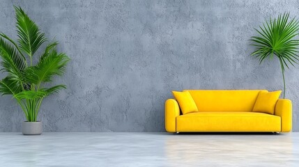 Fototapeta premium Modern Interior with Yellow Sofa and Plants