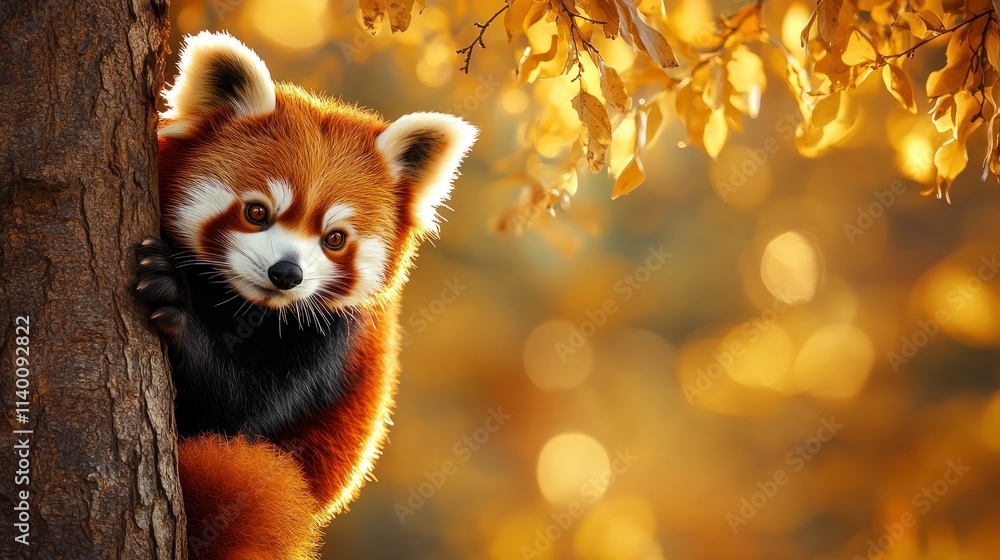 Poster A red panda peeks from behind a tree, surrounded by autumn foliage and soft bokeh lights.