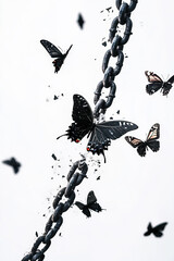 Butterflies flying away, Free From Chains in a Symbolic Art Concept. breaking apart, symbolizing freedom and hope