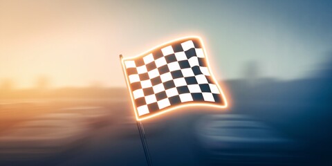 A glowing checkered flag, signifying the finish of a race. The vibrant light and blurred background evoke a sense of speed and achievement.